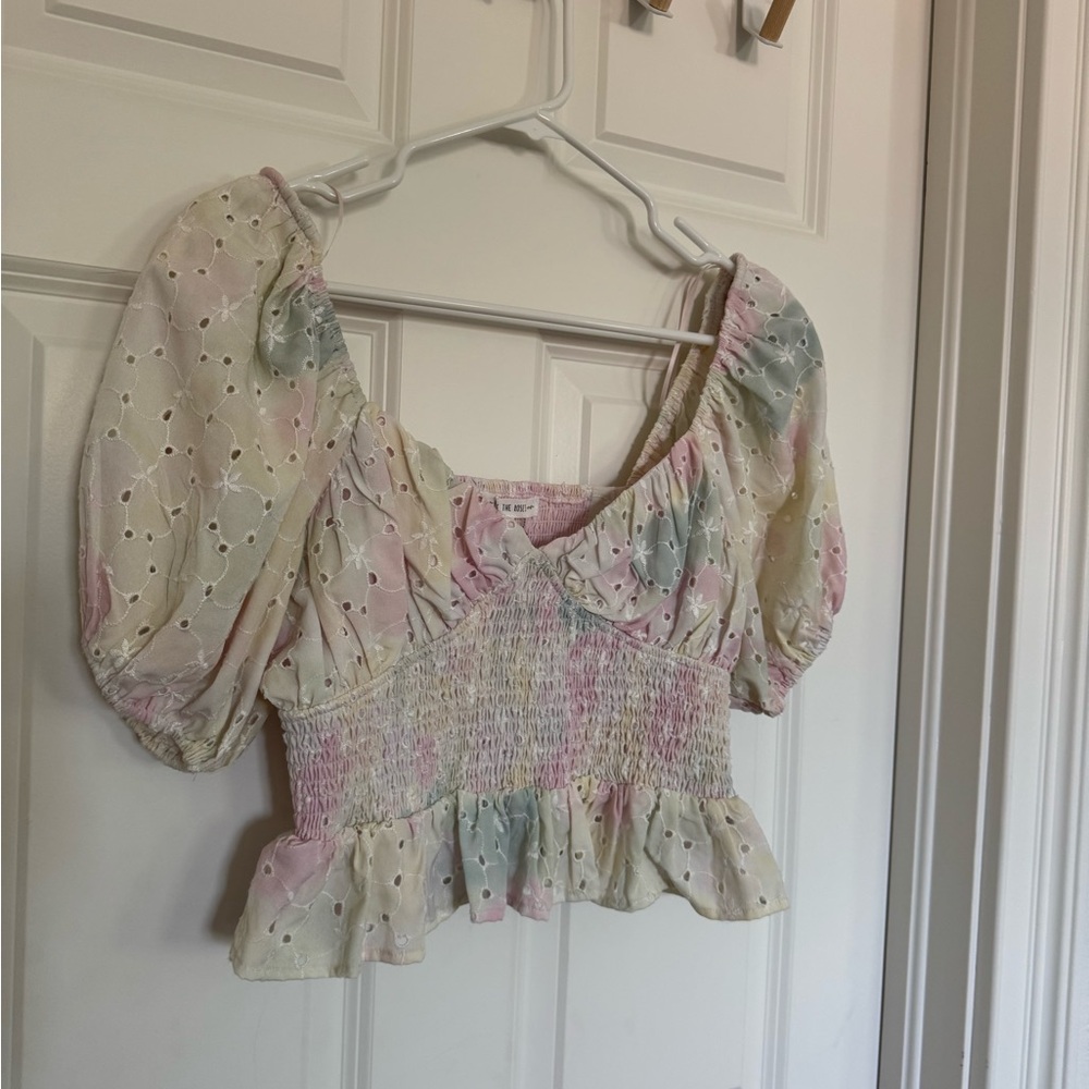 Free the Roses Pink and Green Smocked Ruffle Blouse